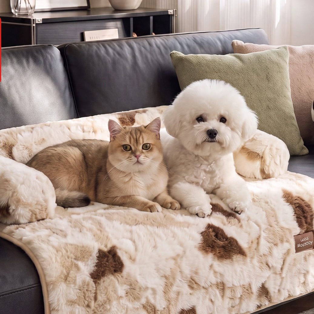 Faux Rabbit Fur Pet Sofa Mat with Bolster, Fluffy Couch Cover Bed for Cats & Dogs