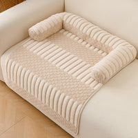Ribbed Plush Sofa Cover Pet Bed with Pillow Rolls - Cream & Latte