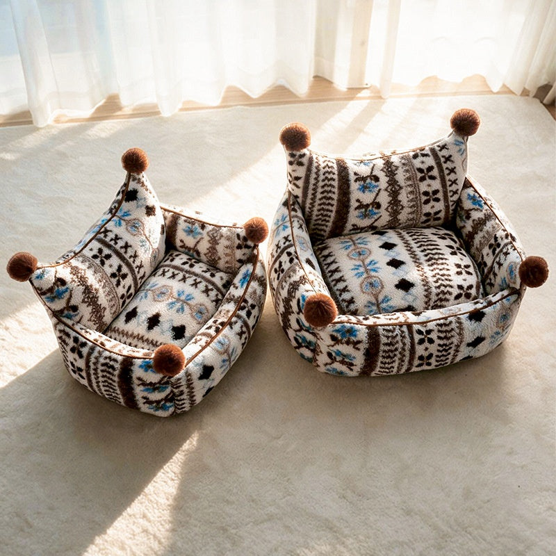 Plaid Pom-Pom Cat Sofa Bed, Cozy Bolster Pet Couch for Cats & Small Dogs
