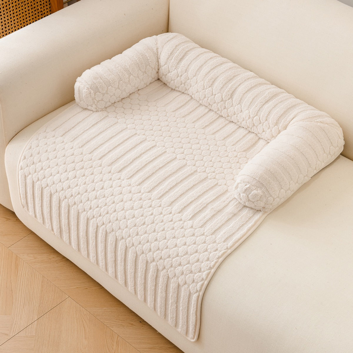 Ribbed Plush Sofa Cover Pet Bed with Pillow Rolls - Cream