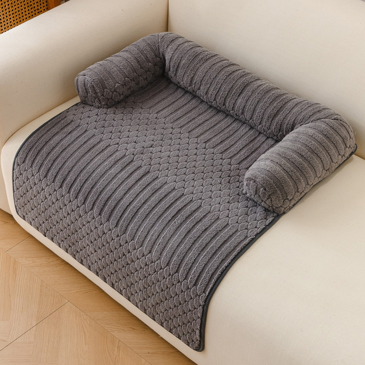 Ribbed Plush Sofa Cover Pet Bed with Pillow Rolls - Light Gray