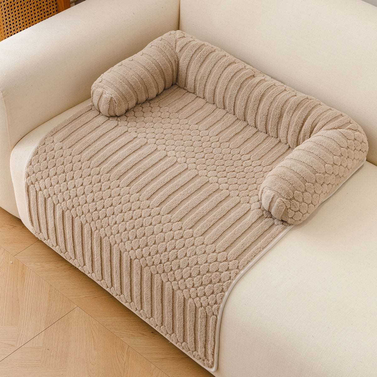 Ribbed Plush Sofa Cover Pet Bed with Pillow Rolls - Mocha