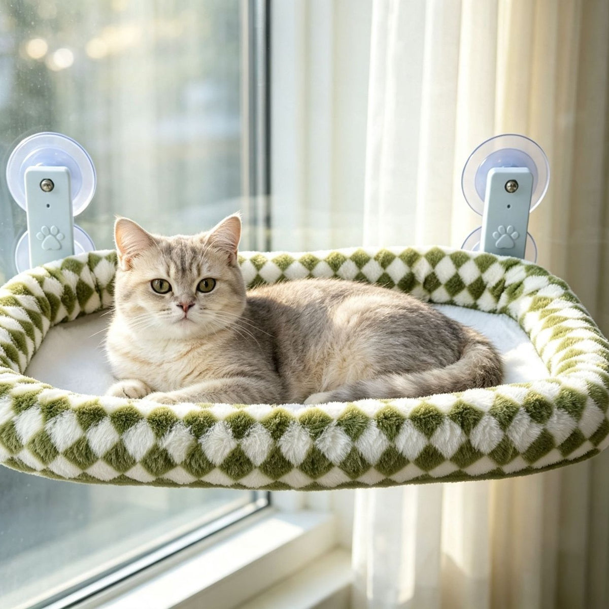 Bolster Window Cat Hammock with Rattan Mat, Suction Cup Cat Bed for Windows