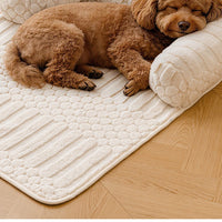 Ribbed Plush Sofa Cover Pet Bed with Pillow Rolls, Fur-Catching Couch Mat for Cats & Small Dogs