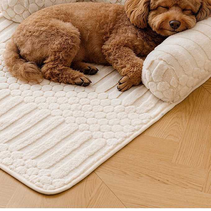 Ribbed Plush Sofa Cover Pet Bed with Pillow Rolls, Fur-Catching Couch Mat for Cats & Small Dogs