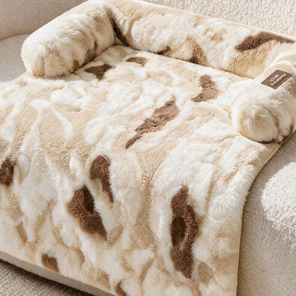 Faux Rabbit Fur Pet Sofa Mat with Bolster, Fluffy Couch Cover Bed for Cats & Dogs