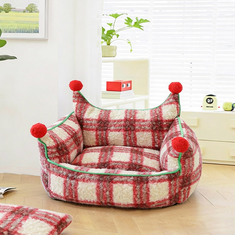 Plaid Pom-Pom Cat Sofa Bed, Cozy Bolster Pet Couch for Cats & Small Dogs