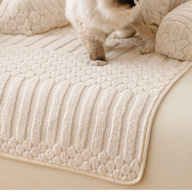 Ribbed Plush Sofa Cover Pet Bed with Pillow Rolls, Fur-Catching Couch Mat for Cats & Small Dogs