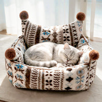 Plaid Pom-Pom Cat Sofa Bed, Cozy Bolster Pet Couch for Cats & Small Dogs