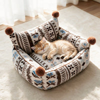 Plaid Pom-Pom Cat Sofa Bed, Cozy Bolster Pet Couch for Cats & Small Dogs