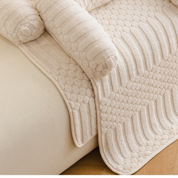 Ribbed Plush Sofa Cover Pet Bed with Pillow Rolls, Fur-Catching Couch Mat for Cats & Small Dogs
