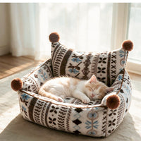 Plaid Pom-Pom Cat Sofa Bed, Cozy Bolster Pet Couch for Cats & Small Dogs