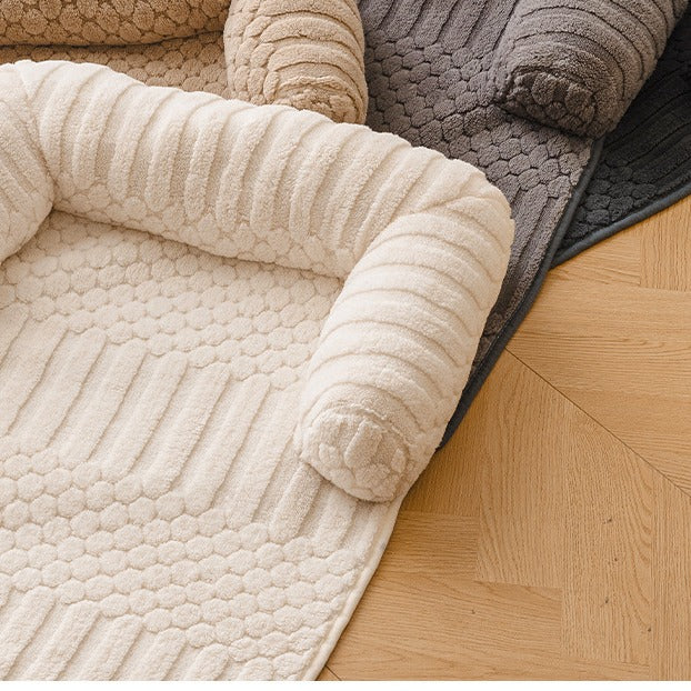 Ribbed Plush Sofa Cover Pet Bed with Pillow Rolls, Fur-Catching Couch Mat for Cats & Small Dogs