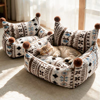 Plaid Pom-Pom Cat Sofa Bed, Cozy Bolster Pet Couch for Cats & Small Dogs