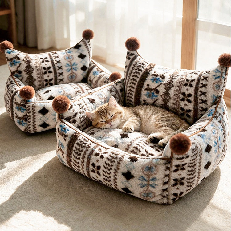 Plaid Pom-Pom Cat Sofa Bed, Cozy Bolster Pet Couch for Cats & Small Dogs
