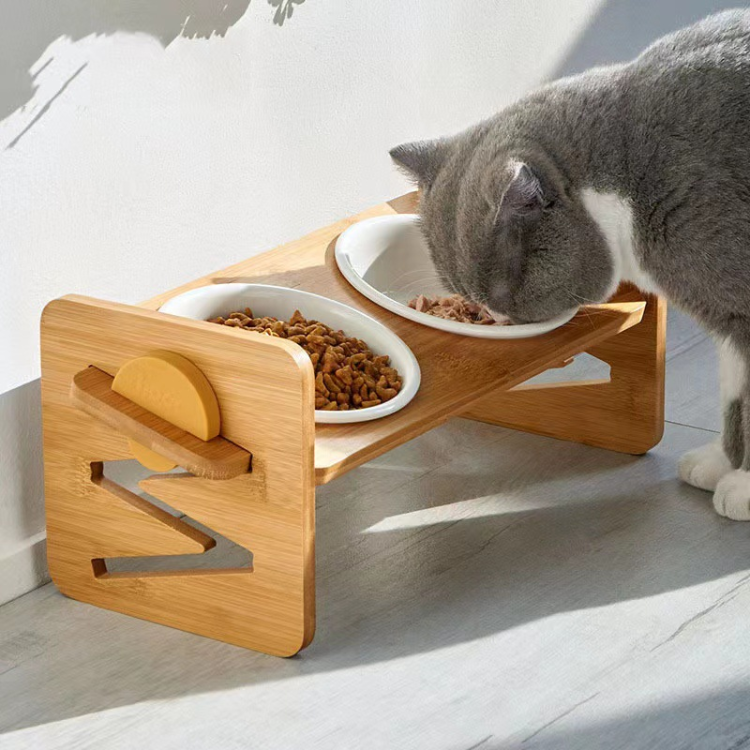 Haustier-Katzen-Leckereien-Schüssel, Wasserspender, Futterspender aus Holz, verstellbar