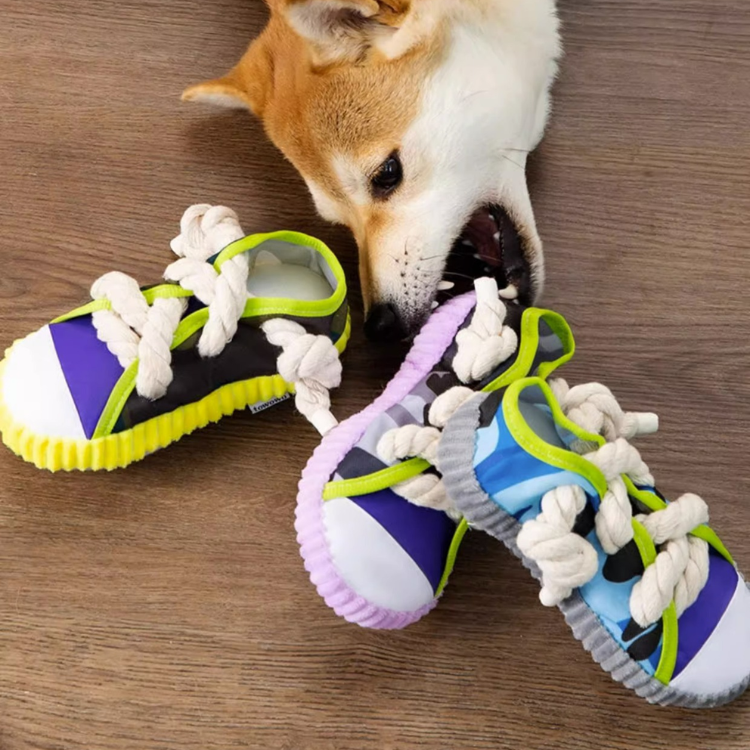 Zapatillas de cuerda de algodón para mascotas, juguetes chirriantes para masticar perros