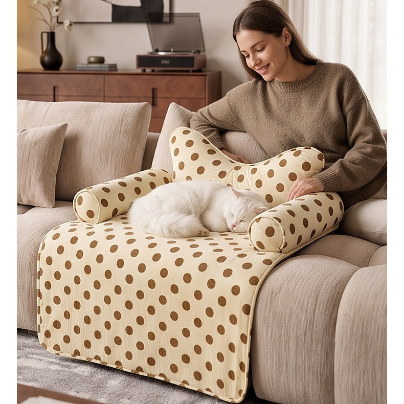 Polka Dot Pet Sofa Bed Mat with Bolsters, Non-Slip Couch Cover Cat Bed