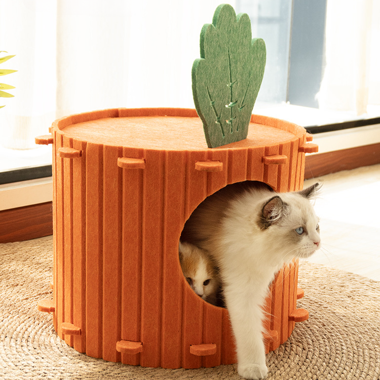 Cama cueva de fieltro con túnel para gatos y zanahorias