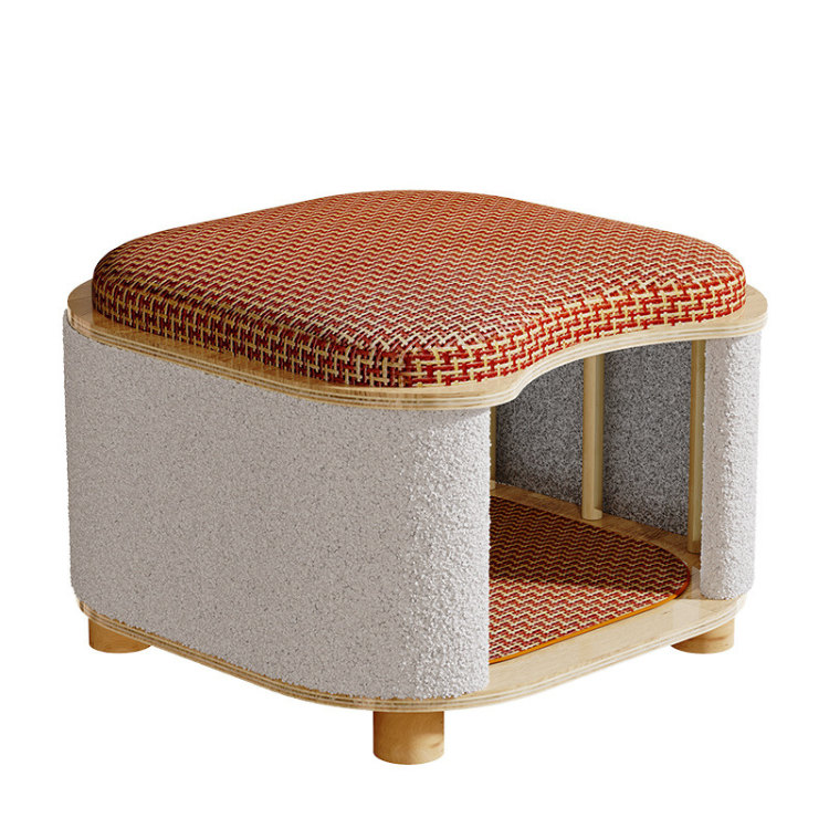 Multi-functional Wooden Cat House with Scratching Board Stool