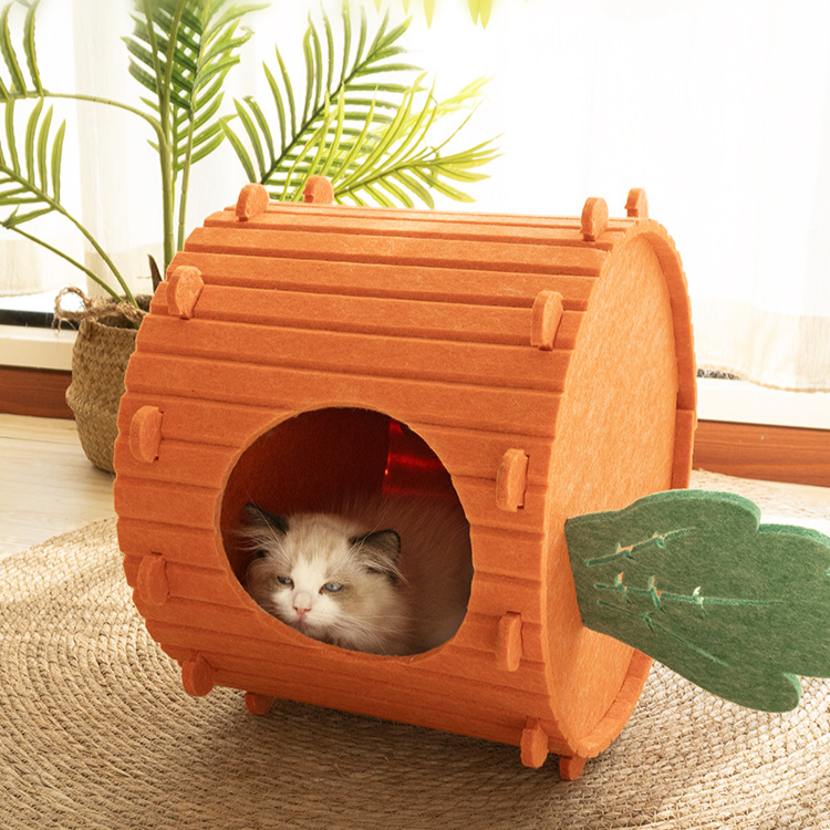 Cama cueva de fieltro con túnel para gatos y zanahorias