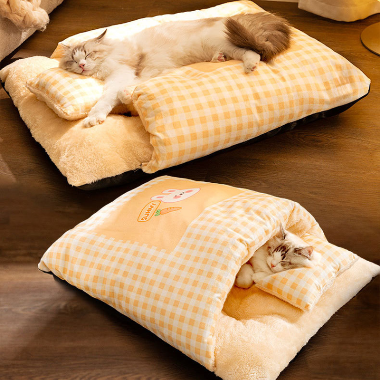 Plaid Warm Cat Sleeping Bag Covered Bed