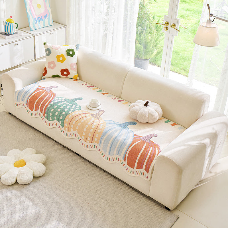 Chenille Anti-Scratch Sofa Cover with Scalloped Pumpkin Trim