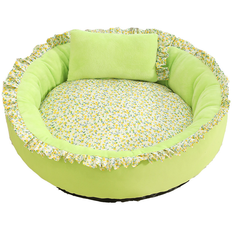 Floral Round Cat Bed Soft Comfortable Pet Cushion With Pillow