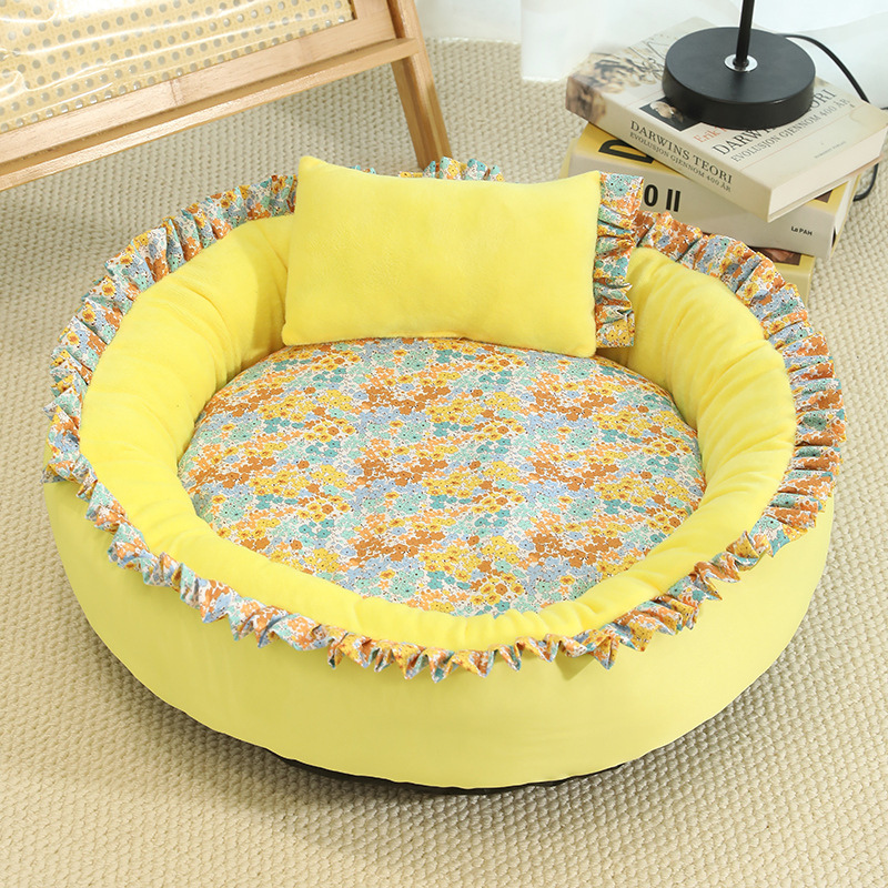 Floral Round Cat Bed Soft Comfortable Pet Cushion With Pillow