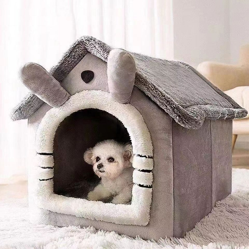 Cozy Gray Covered Cat House Bed