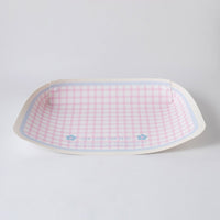 Pink Gingham PU leather pet feeding mat with raised edges