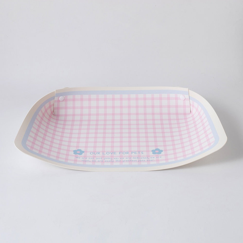 Pink Gingham PU leather pet feeding mat with raised edges