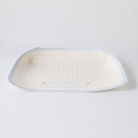 Cream Gingham PU leather pet feeding mat with raised edges