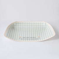 Sage Gingham PU leather pet feeding mat with raised edges