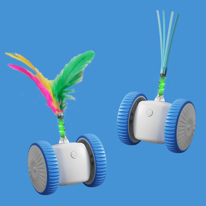 Automatic Two-Wheel Cat Car Toy with Feather Wand, Self-Righting Rechargeable Teaser