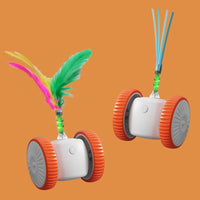 Automatic Two-Wheel Cat Car Toy with Feather Wand, Self-Righting Rechargeable Teaser