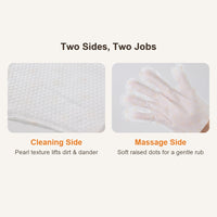 Two-sided cat cleaning mitt: textured cleaning side and massage dots
