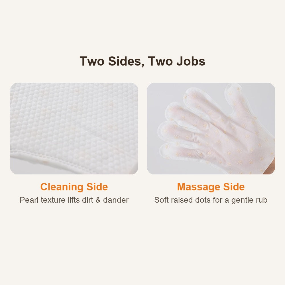 Two-sided cat cleaning mitt: textured cleaning side and massage dots