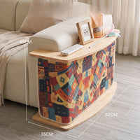 Boho vintage sisal cat scratcher end table beside sofa with dimensions