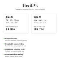 Size chart and features for the elephant cat carrier tote, sizes S and M