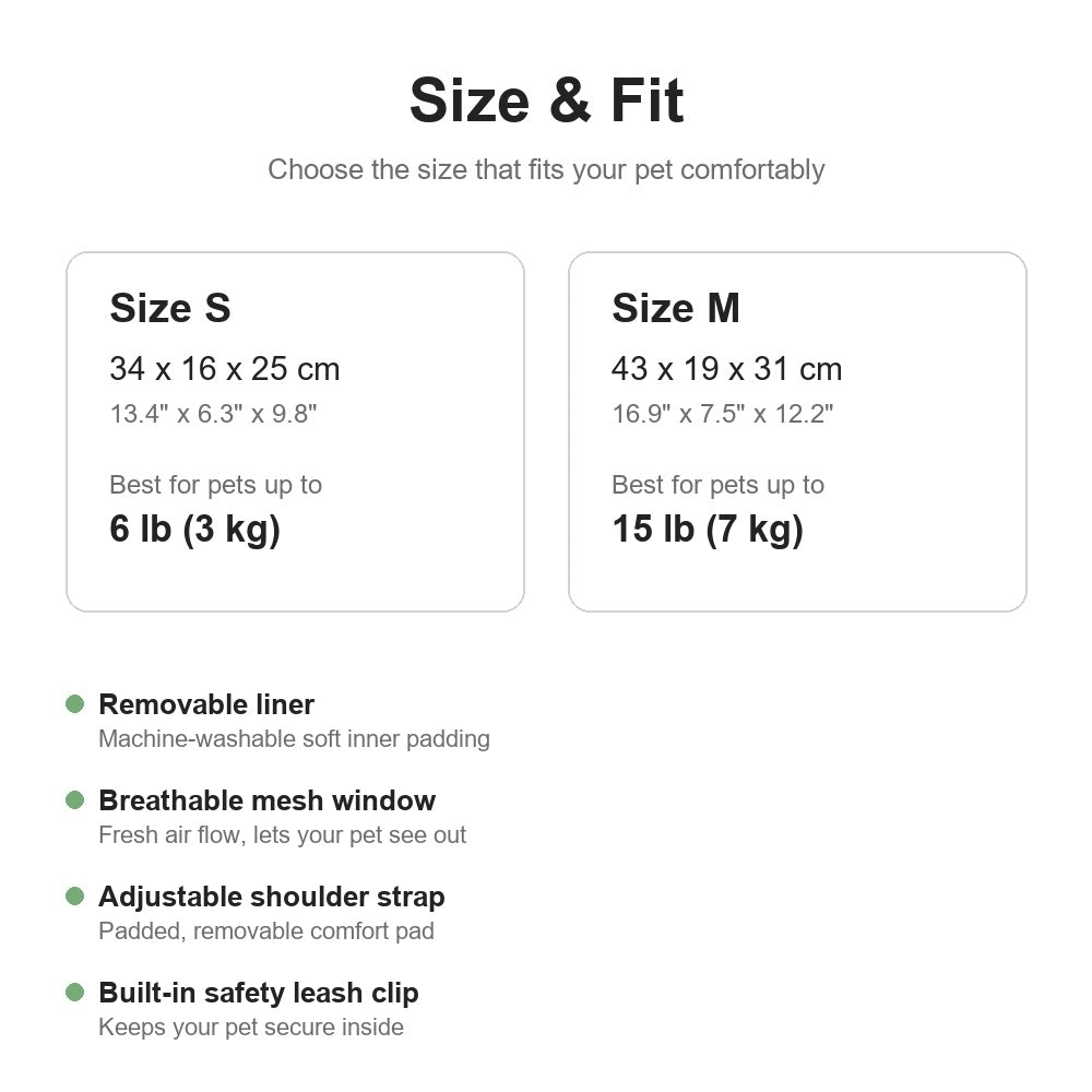 Size chart and features for the elephant cat carrier tote, sizes S and M