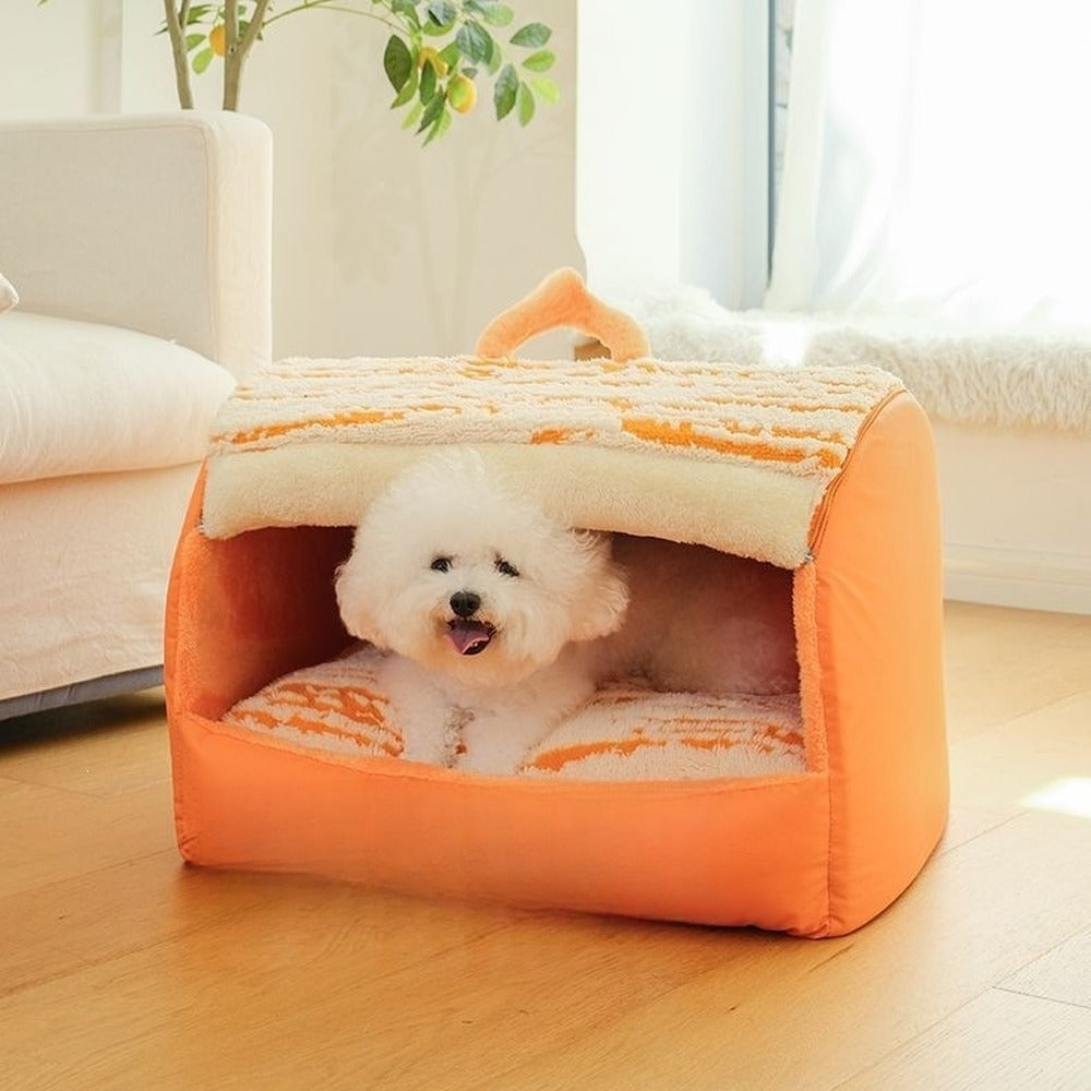 Warm orange covered pet den with dog