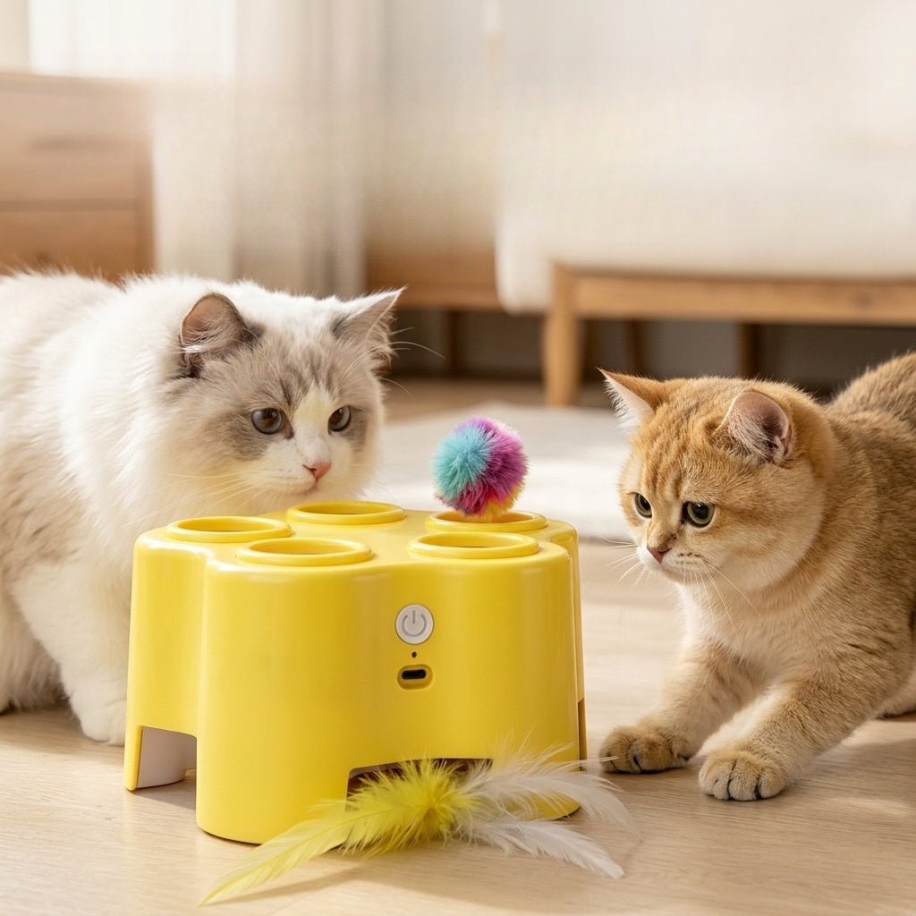 Whack-a-Mole Cat Toy, 5-Hole Electric Feather Chase Game