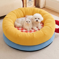 Cat and small dog sharing the XL donut bed