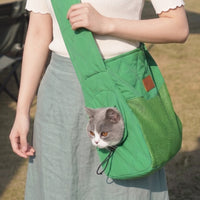 Cat peeking out of green shoulder carrier bag