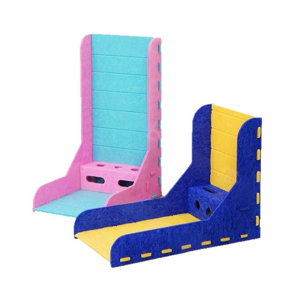 L-shaped felt cat scratcher lounge in pink and teal and navy and yellow