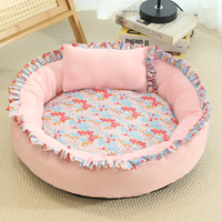 Floral Round Cat Bed Soft Comfortable Pet Cushion With Pillow