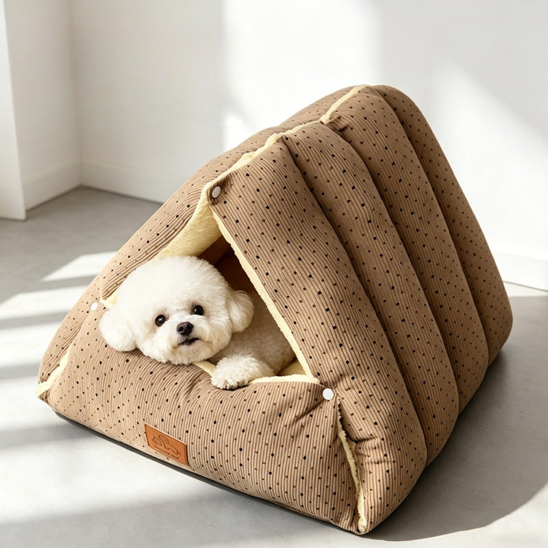 Mocha corduroy pet tent bed with puppy inside