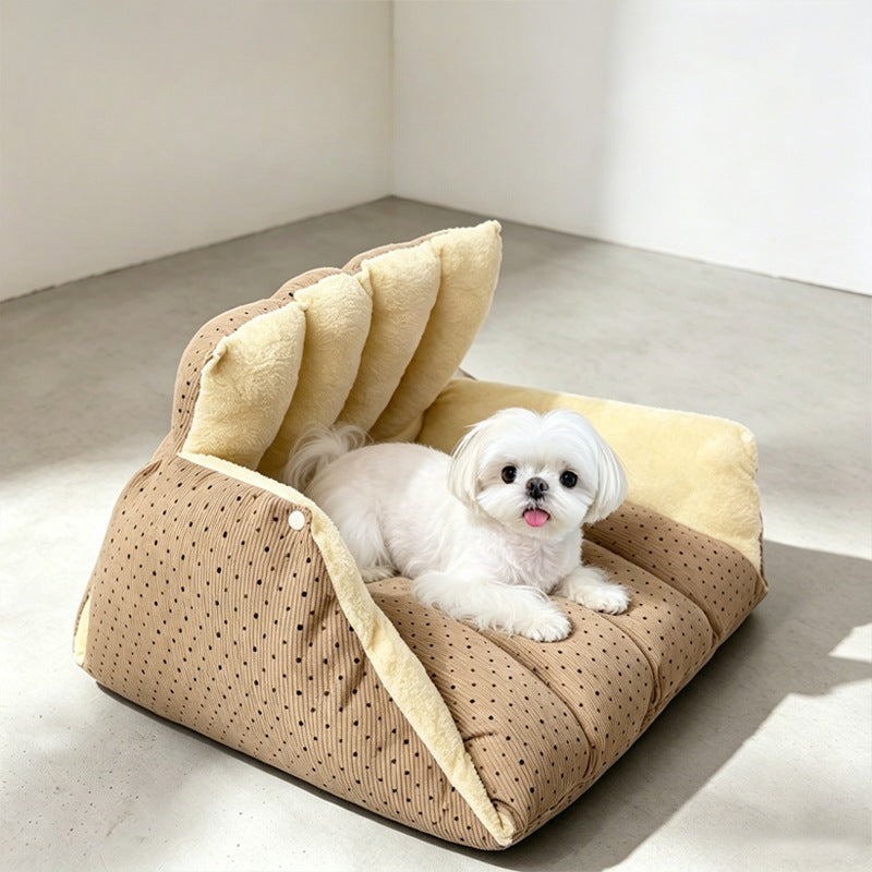 Triangle cave bed opened up into a lounger with backrest