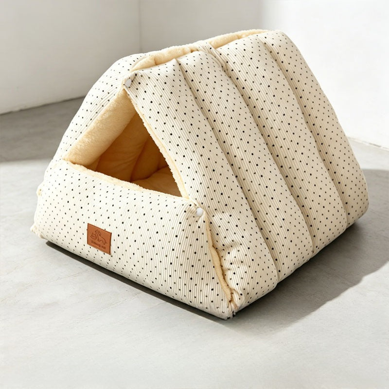 Cream Polka Dot snap-open cat cave bed